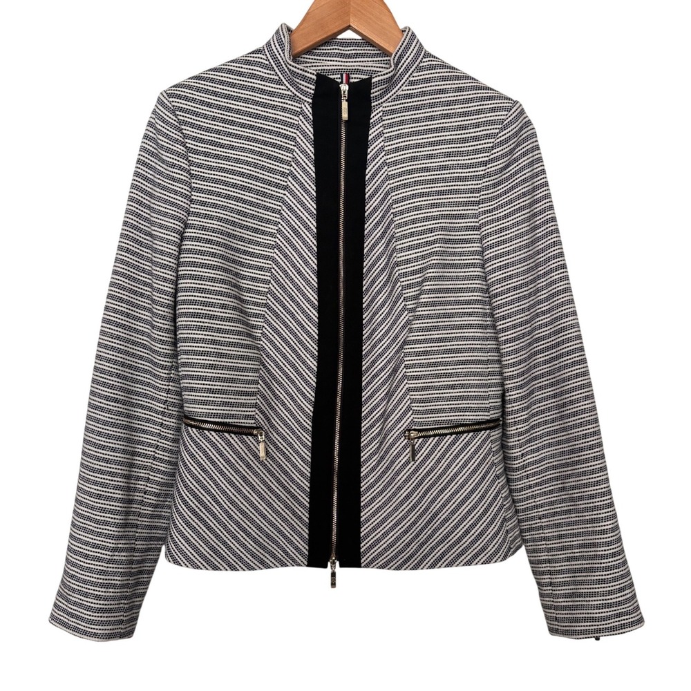 Tommy Hilfiger Chic Chevron Striped‎ Zip Front Blazer Jacket Tweed Knit Preppy